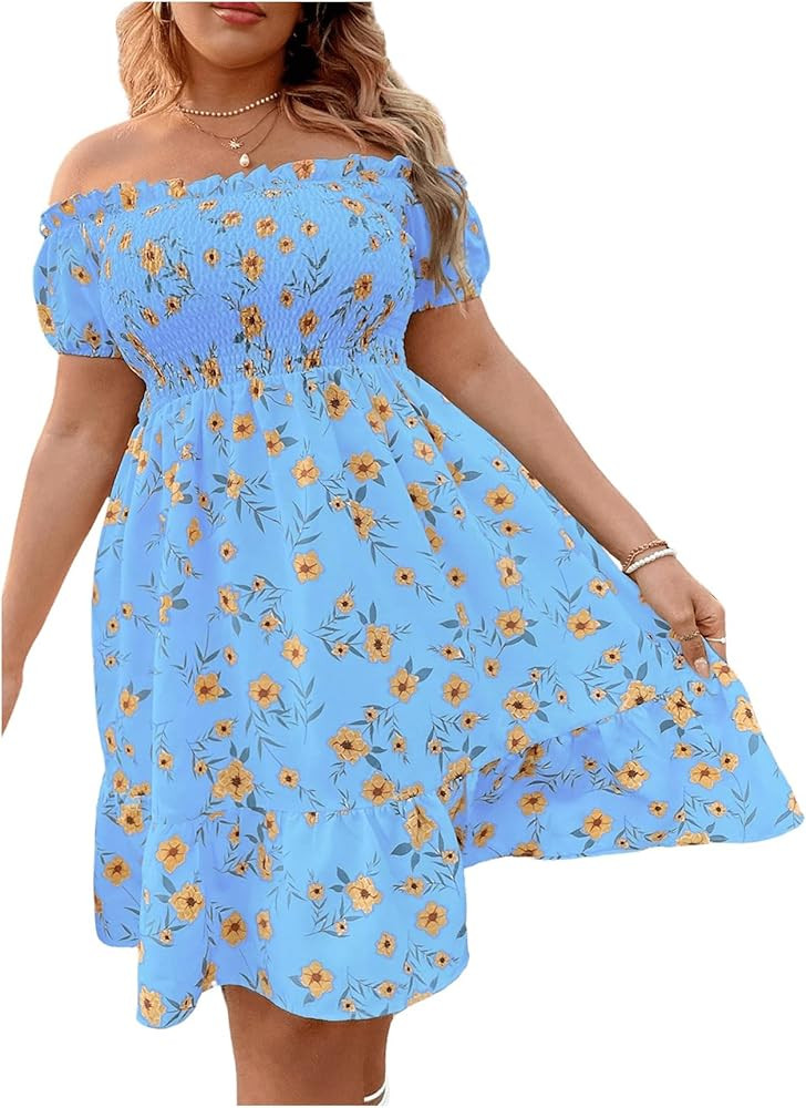 Floerns Women's Plus Size Ruffle Off Shoulder Floral Print Short Summer Dress | Amazon (US)