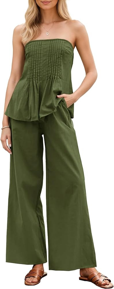 Kikibell Summer Sets Women 2 Piece Outfits Tube Top Wide Leg Pants Casual Beach Vacation Matching... | Amazon (US)