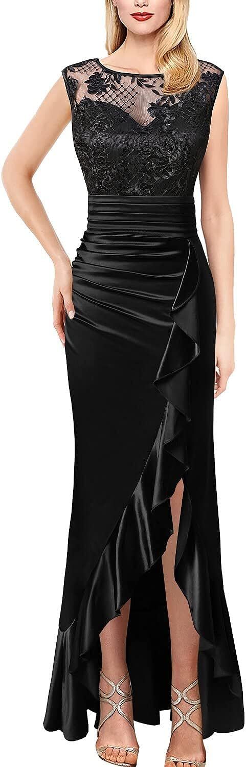 VFSHOW Womens Ruched Ruffles Split Formal Evening Wedding Party Maxi Dress | Amazon (US)