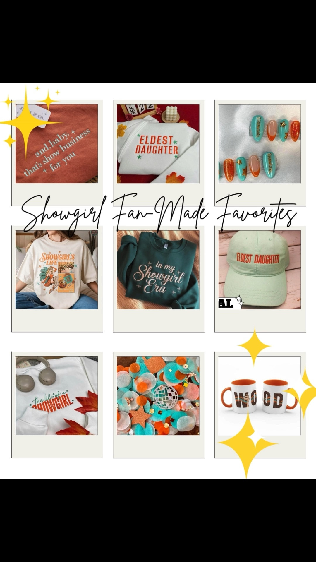 The Lift of a Showgirl Taylor Swift album merch made by swifties! Here are some of my favorites today - all small businesses and micro businesses, made by fans. 

TLOAS, showgirl, wood, eldest daughter, and Baby that’s show business for you, showgirl’s life, in my showgirl era, the life of a showgirl, confetti, swiftie, swifties, clothes and accessories, showgirl nails, TLOAS Nails, fandom, fan made, handmade, orange, teal, mint, glitter 

#EtsyFinds #supportsmallbusinesses #TLOAS #Showgirl #taylorswift 

#LTKFindsUnder100 #LTKFindsUnder50 #LTKParties