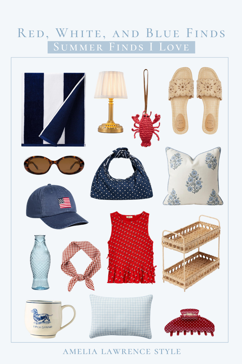 Red, white, and blue summer finds. Summer finds I love. Beach towel, sunglasses, hat, American flag, vase, mug, scarf, gingham, pillow, throw pillow, tank top, bag, scarf bag, polka dots, lamp, lamp shade, key chain, bag accessories, sandals, block print, Target, Amazon, claw clip, Amazon deal day, shelf. 

 #LTKSeasonal #LTKHome #LTKSaleAlert