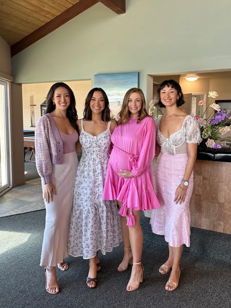 Baby shower! Jasmine’s floral maxi dress (mine actually) is size 2. I’m wearing the satin midi/maxi skirt in XXS PETITE, the super comfy tank in XS/S, the cardigan in small. 

#LTKbump #LTKSeasonal