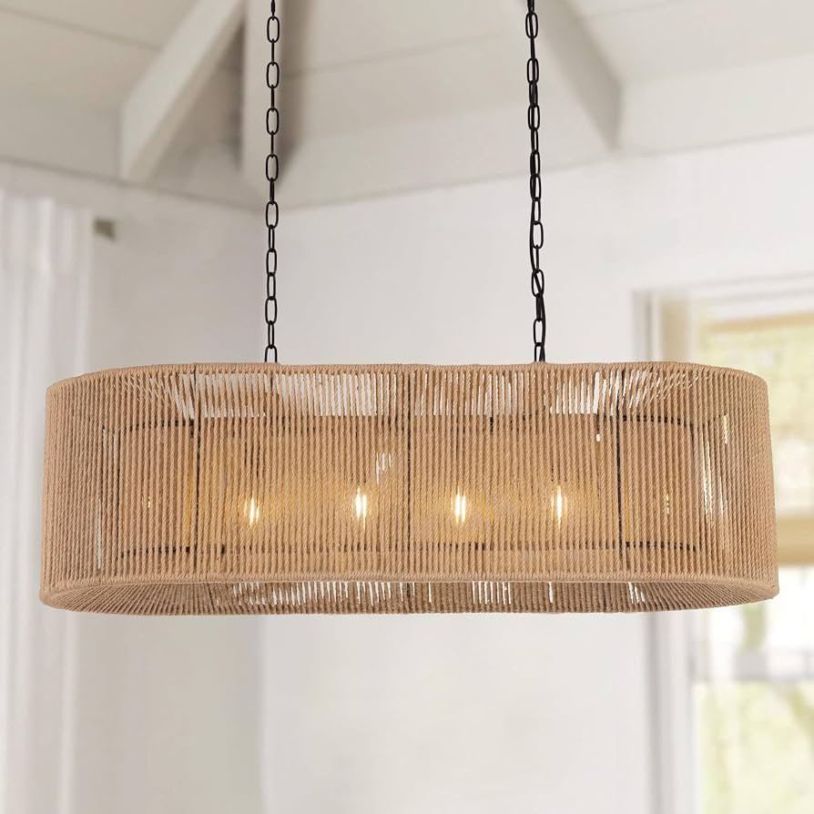 Wellmet Boho Chandelier Light Fixture 42 Inch, Farmhouse Rattan Pendant Light for Dining Room, Rustic Rectangular Chandeliers for Living Room, Bedroom, Kitchen Island (Rattan, 42 Inches) | Amazon (US)