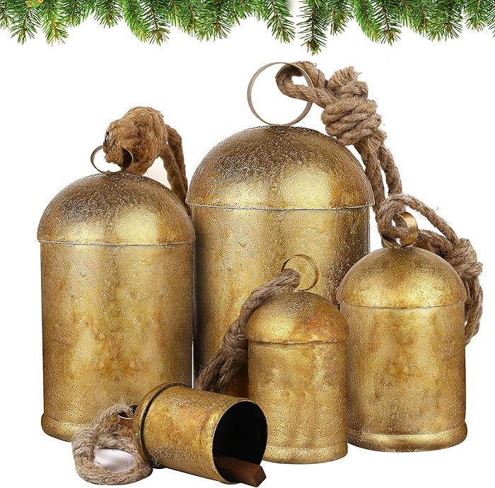 Fovths Set of 5 Christmas Bells Giant Vintage Cow Bells Christmas Metal Rustic Hanging Bells On J... | Amazon (US)