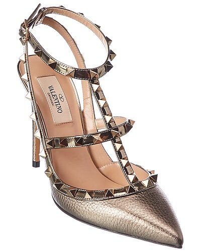 Valentino Rockstud Caged 100 Metallic Leather Ankle Strap Pump | Gilt