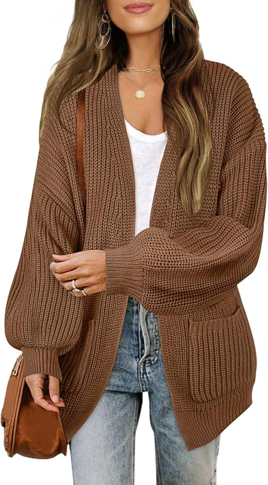 MEROKEETY Women's Fall Open Front Long Lantern Sleeve Cardigan Oversized Chunky Outwear with Pock... | Amazon (US)