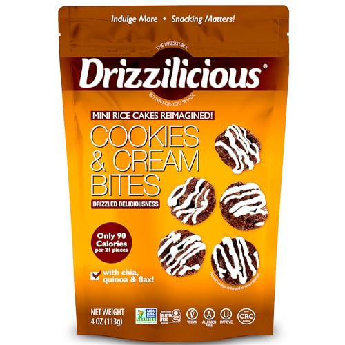 Drizzilicious Mini Flavored Rice Cakes Cookies & Cream - Rice Crisps, Healthy Snack for Adults and Kids, Vegan, Gluten Free Snack, Only 90 Calories Per 21 Pieces - 4 oz (Pack of 6) | Amazon (US)