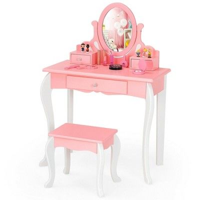Costway Kids Vanity Princess Makeup Dressing Table Stool Set W/ Mirror Drawer | Target