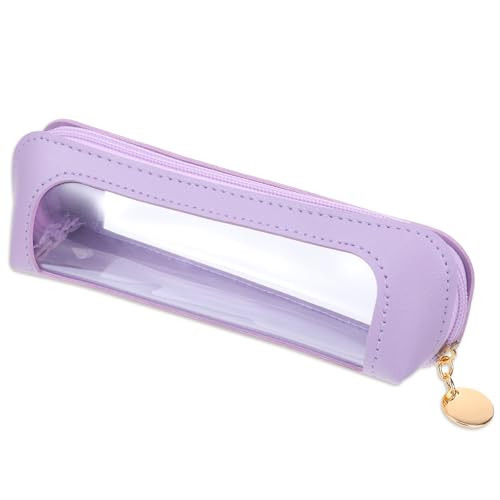 Clear Makeup Brush Bag, PU Leather Small Makeup Pouch Portable Travel Mini Cosmetic Bag Transparent Waterproof Organizer Pouch with Zipper for Women Home Travel Office Cosmetic Storage (Purple) | Amazon (US)