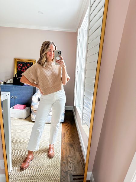 THE cutest short sleeve cropped sweater from Revolve. It’s such a unique shape and style. I have a size XS. My white straight jeans are a size 25 petite. 

#LTKworkwear #LTKstyletip #LTKSeasonal