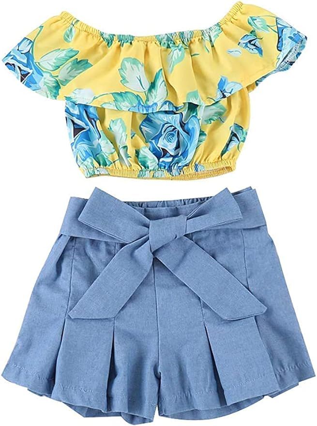 Kids Baby Girls Outfits Floral Ruffle Off Shoulder Crop Tops + Bowknot Denim Shorts Skirt Set Tod... | Amazon (US)