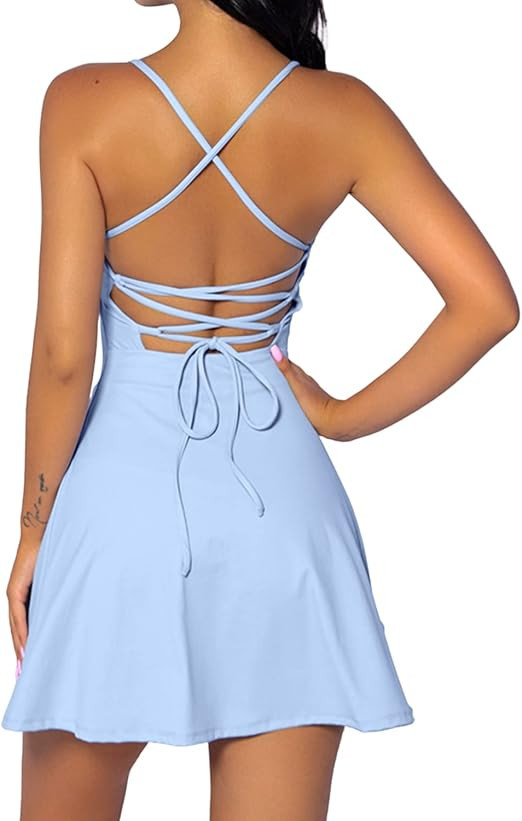 QINSEN Womens Two Pieces Tennis Dress with Shorts Workout Open Back Active Golf Dresses | Amazon (US)