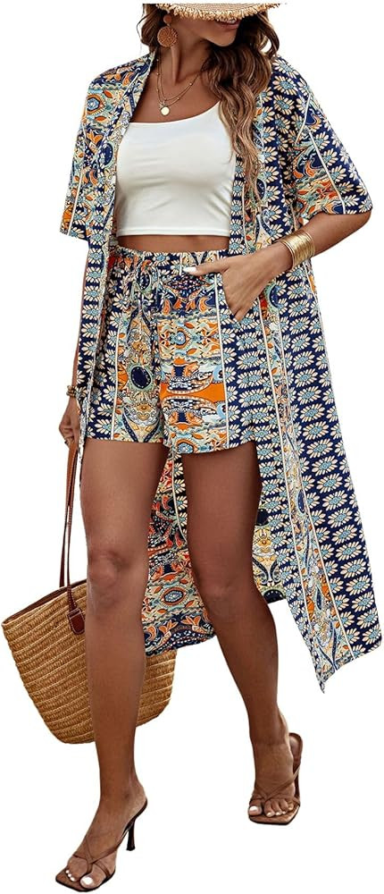 Verdusa Women's 2 Piece Outfits Summer Half Sleeve Tropical Kimono Top and Shorts Set | Amazon (US)