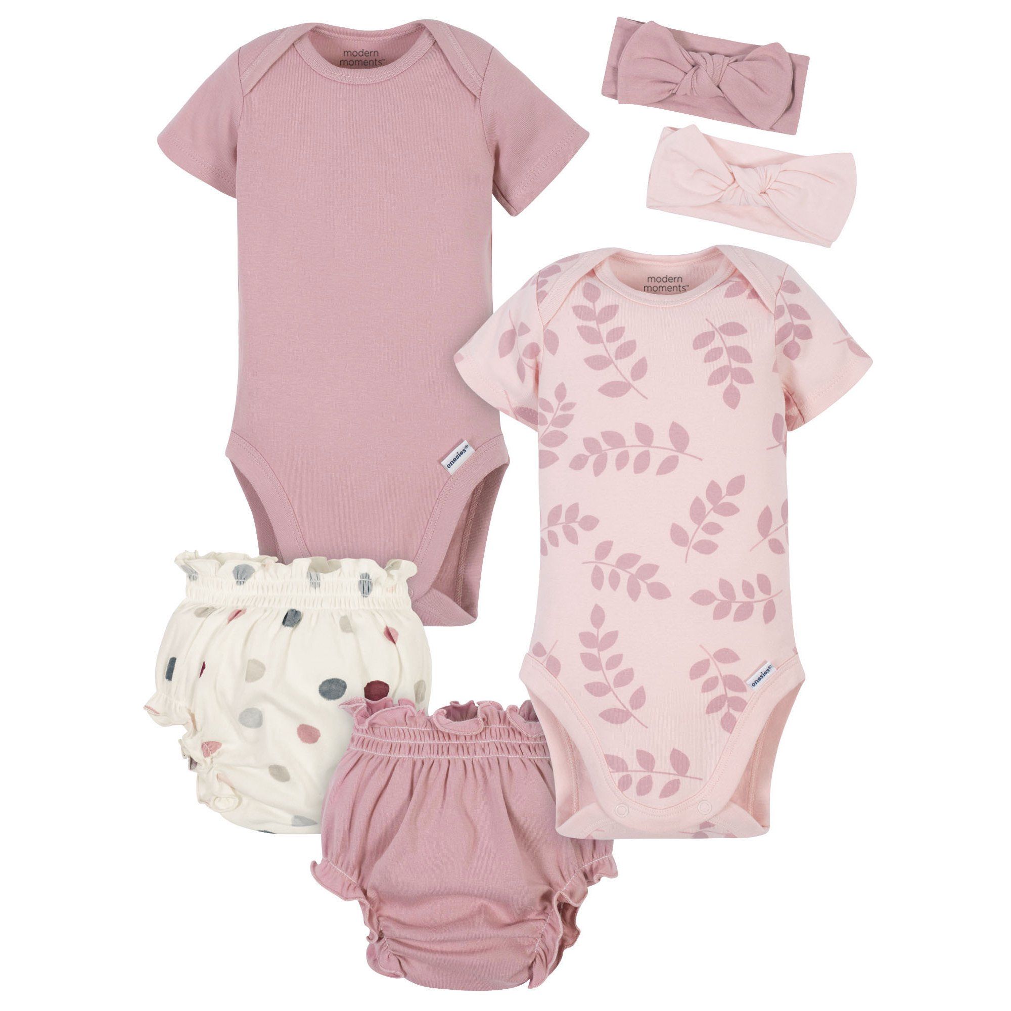 Modern Moments by Gerber Baby Girl Onesies Bodysuits, Diaper Cover, and Headband Set, 6-Piece | Walmart (US)