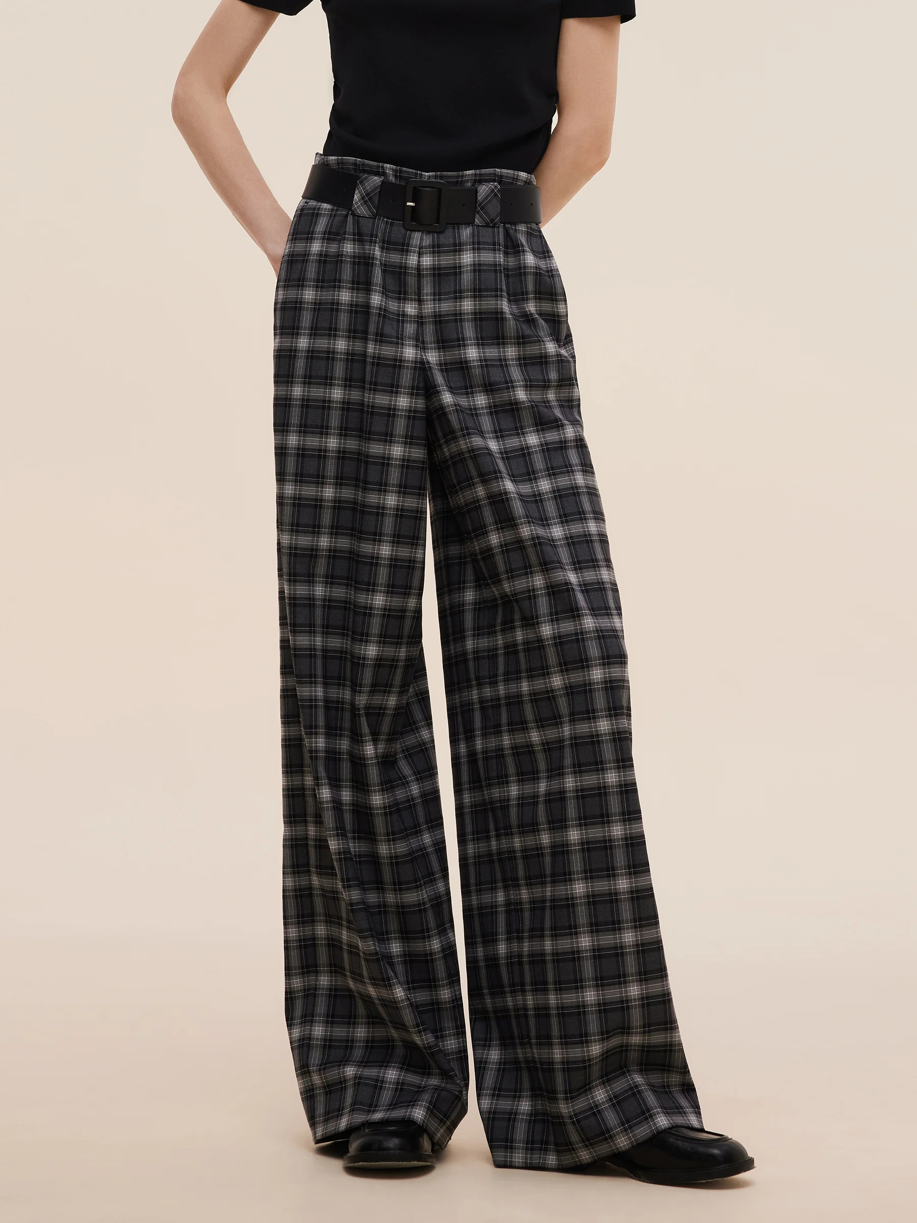Plaid Loose Wide Leg Women Pants With Leather Belt | GOELIA