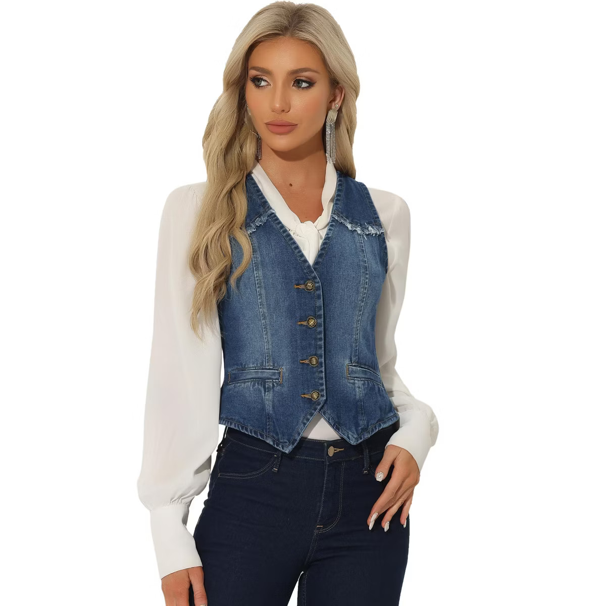 Allegra K Women's Denim Sleeveless Collarless Washed Distressed Jean Vest | Target