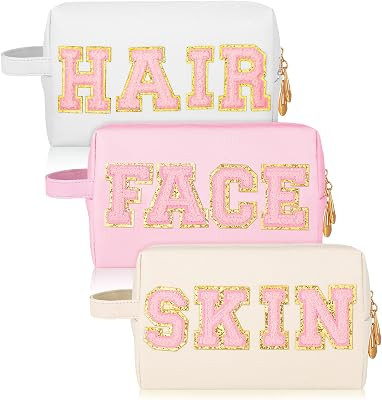 Sotiff 3 Pcs Preppy Patch Makeup Bag Hair Face Skin Cosmetic Bag Travel Toiletry Bag for Women Ch... | Amazon (US)
