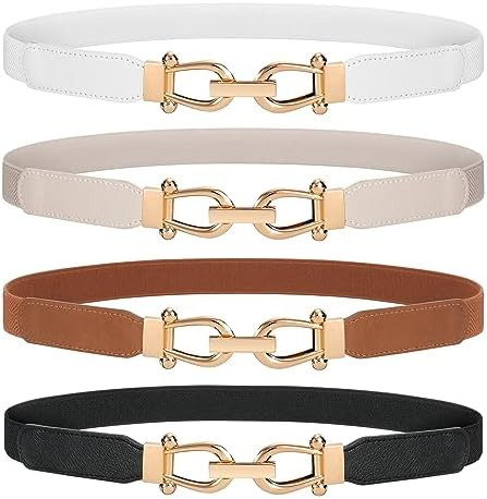 WERFORU Women Skinny Belt for Dresses Retro Stretch Waist Belt with Gold Buckle Set of 4 | Amazon (US)