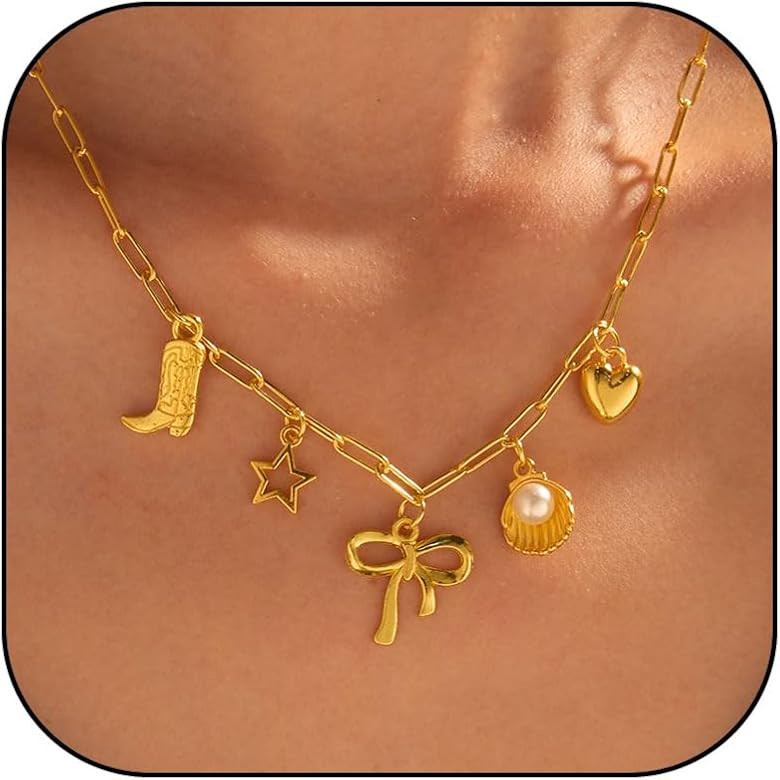 Charm Necklace for Women Summer Beachy Seashell Necklaces Dainty Gold Paperclip Chain Necklace Tr... | Amazon (US)