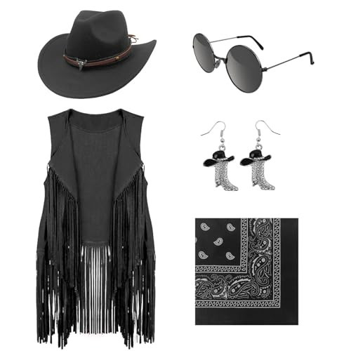 HyperFun Cowgirl Outfits for Women Western Costume Accessories Cowboy Hat Tassels Fringe Vest Earring Hippie Glasses Bandana | Amazon (US)