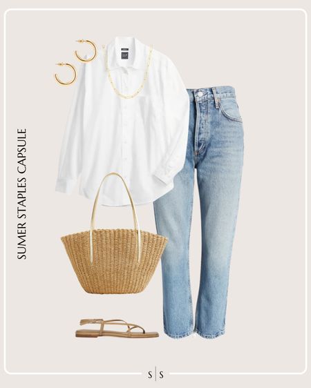 Summer Staples Capsule Wardrobe outfit idea | white button up, straight jeans, straw tote bag, nice strap sandal, chain necklace, gold hoops

See the entire Summer Staples Capsule Wardrobe on thesarahstories.com ✨ 


#LTKStyleTip
