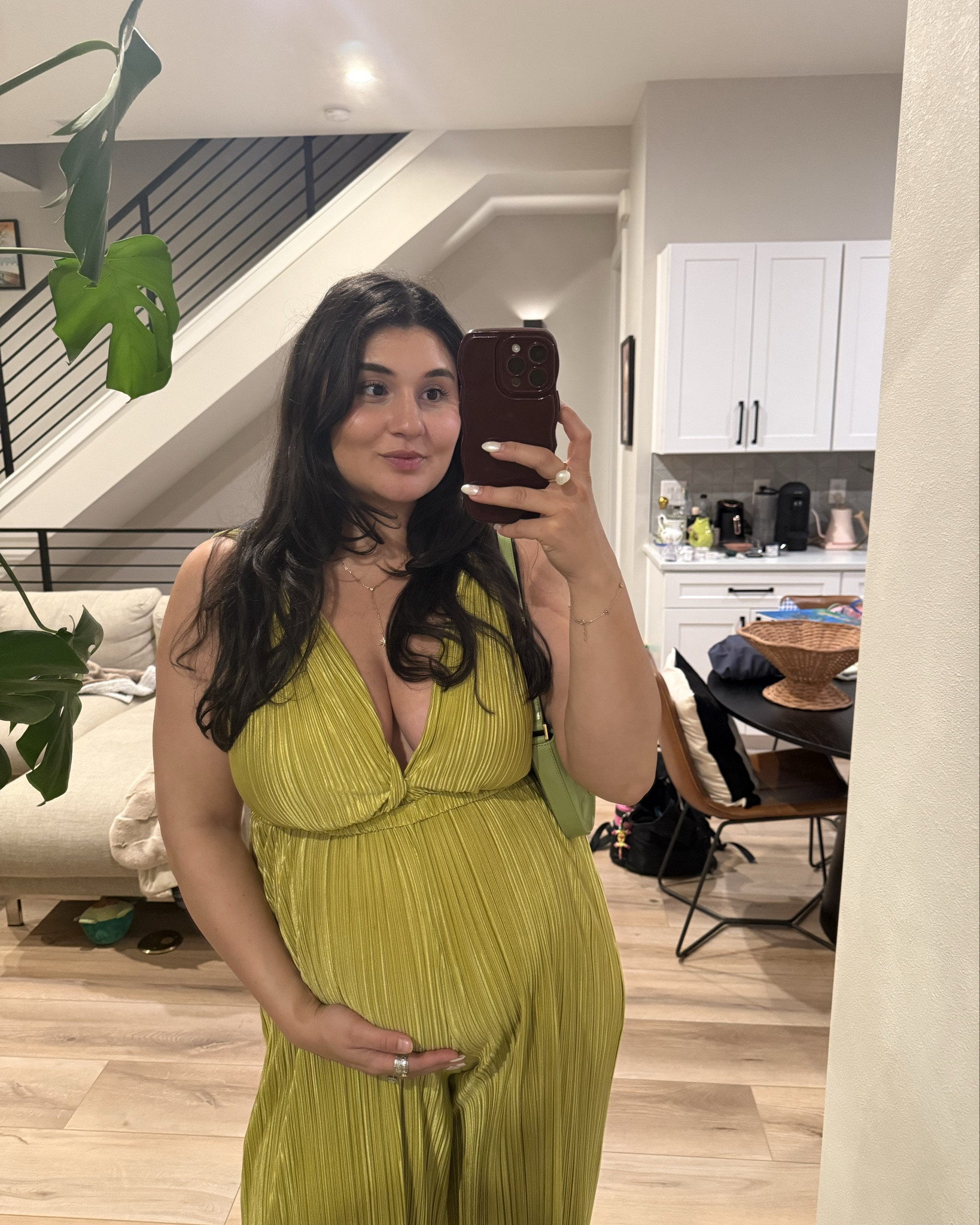 Chartreuse jumpsuit for dinner with girls 
Sized up one size for the bump
Available for rent on Nuuly! 