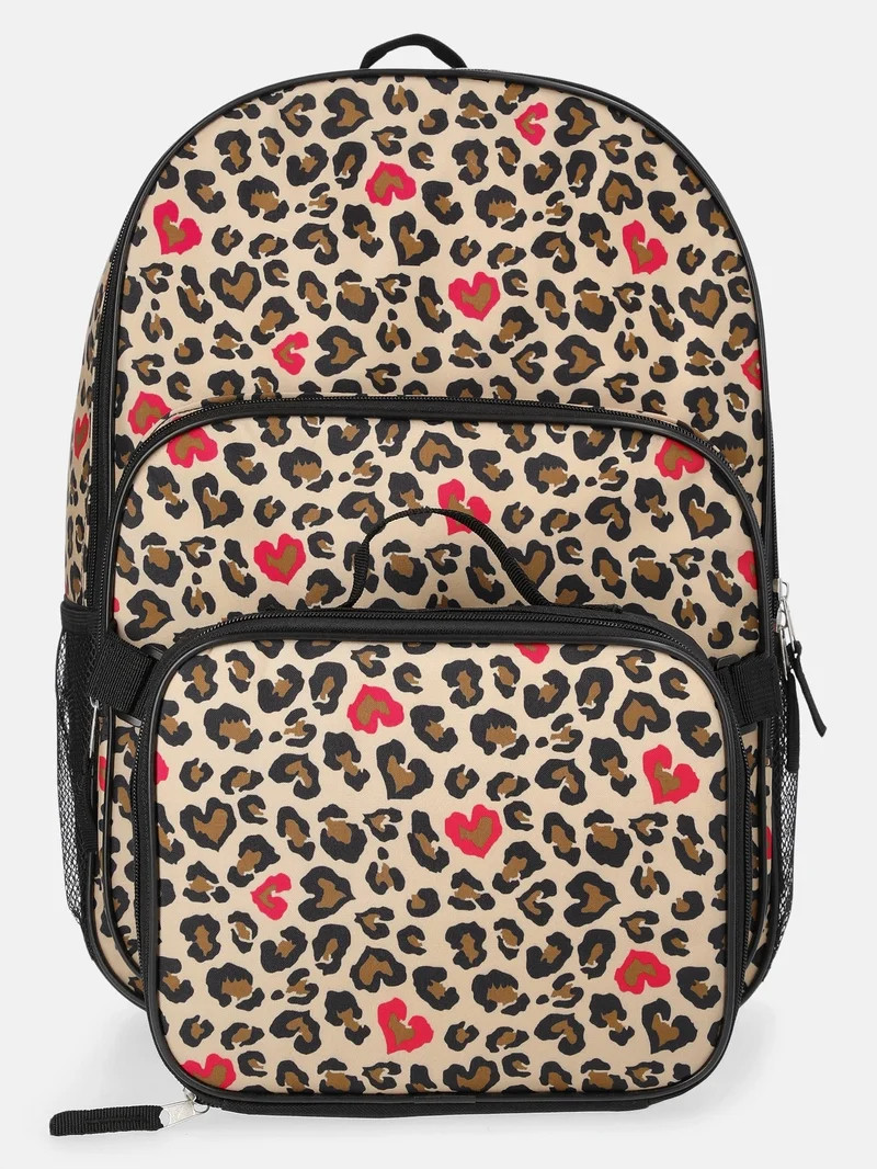 Wonder Nation Girls 17" Love Leopard Backpack & Lunch Set, Black | Walmart (US)