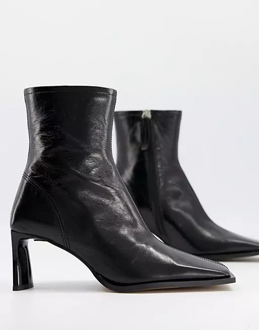 ASOS DESIGN Remedy premium leather square toe heeled boots in black | ASOS (Global)