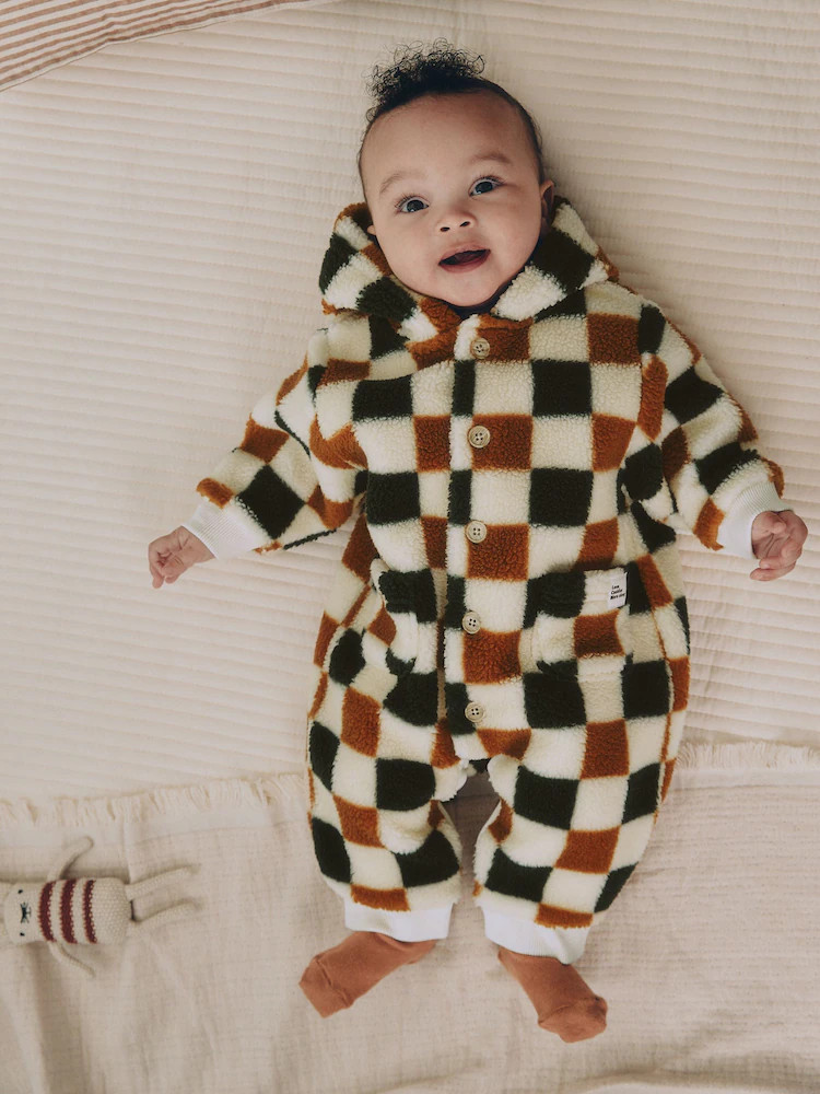 Checkerboard Borg Button Hooded Baby Pramsuit (0mths-2yrs) | Next US