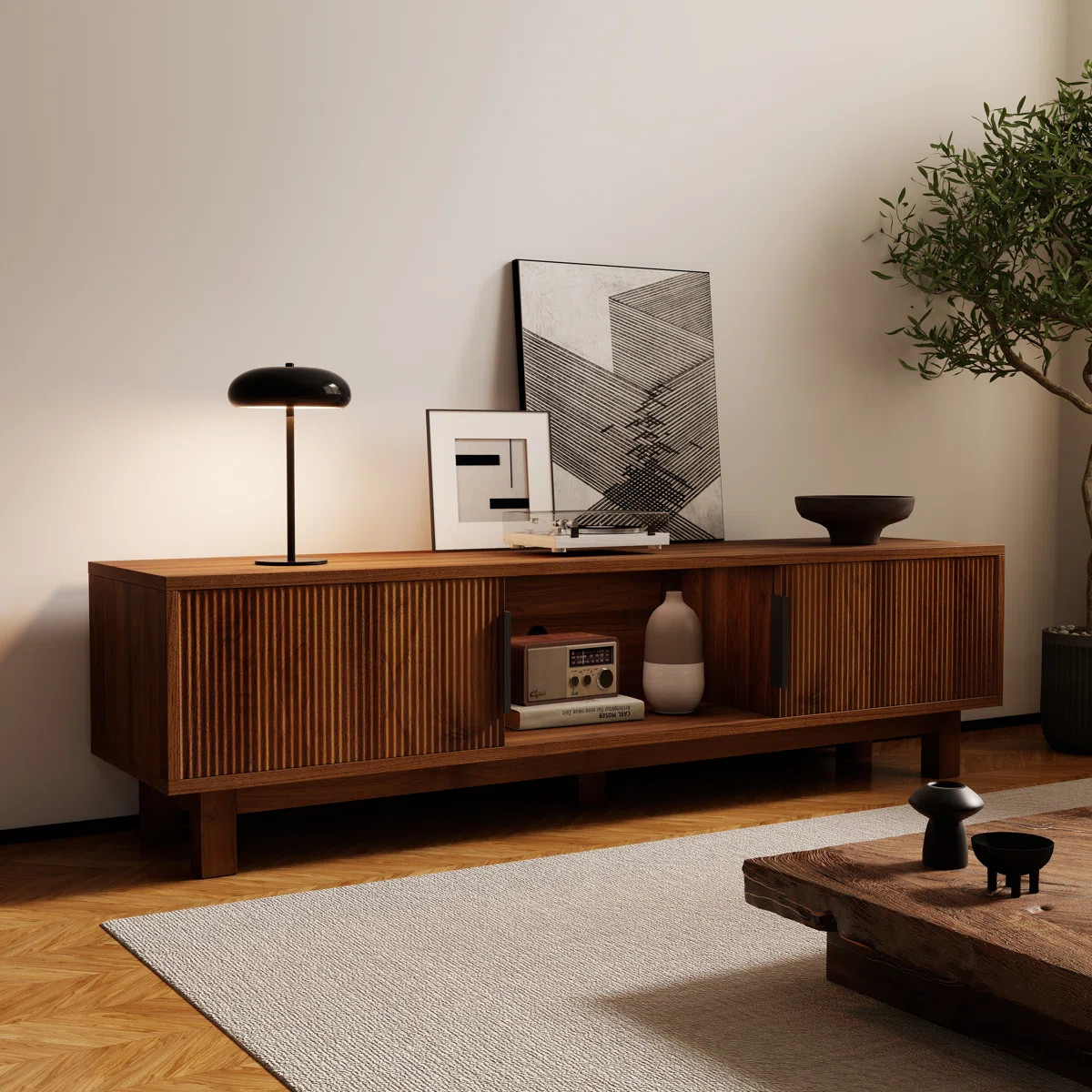 59"W Fluted TV Stands For Tvs Up To 65" With Power Outlets & Storage Compartments | Wayfair North America