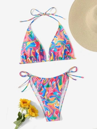 SHEIN Swim Mod Plus Fluid Pattern Halter Bikini Swimsuit | SHEIN