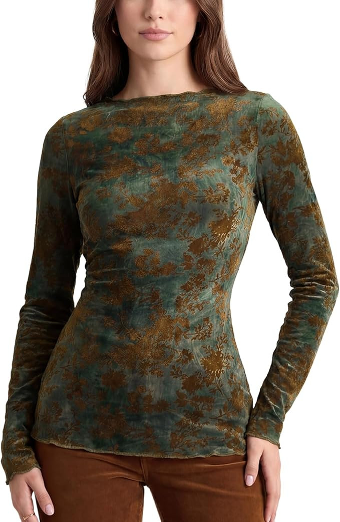 Womens Velvet Blouse Tops Slim Fit Cropped Floral Shirts Long Sleeve Burnout Top Casual Party Eve... | Amazon (US)