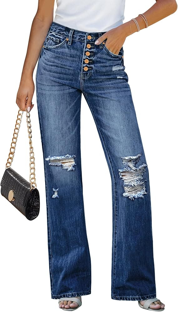 GRAPENT Ripped Jeans for Women High Waist Stretchy Button Fly Denim Flare Wide Leg Distressed Jea... | Amazon (US)