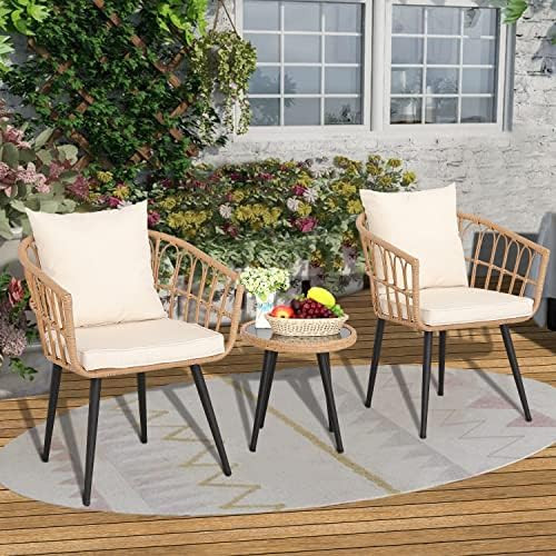 HTTH 3 Pieces Patio Conversation Bistro Set, Outdoor All Weather Woven Rope Table Set, Tan Wicker Ch | Amazon (US)