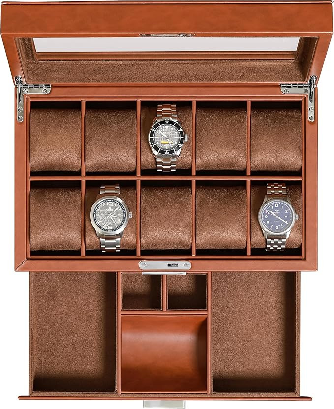 ROTHWELL 10-Slot Watch Box in Leather with Valet Drawer, Luxury Watch Case Display Organizer with... | Amazon (US)