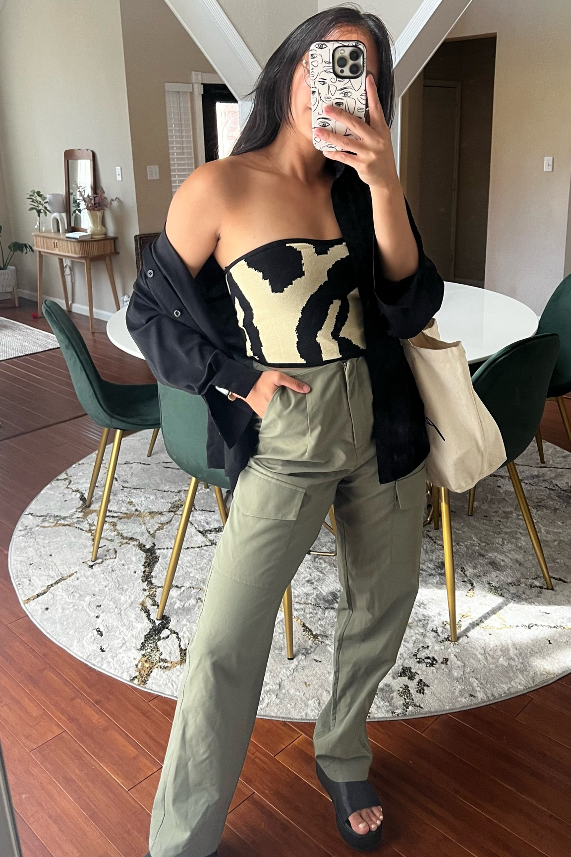 Zebra print tube top, black button down, cargo pants, platform sandals // casual fall outfit, transitional style, neutral outfit, strapless top, zebra top, heels, transitional outfit, summer to fall, meir, ameirylife 

#LTKU #LTKSeasonal #LTKstyletip