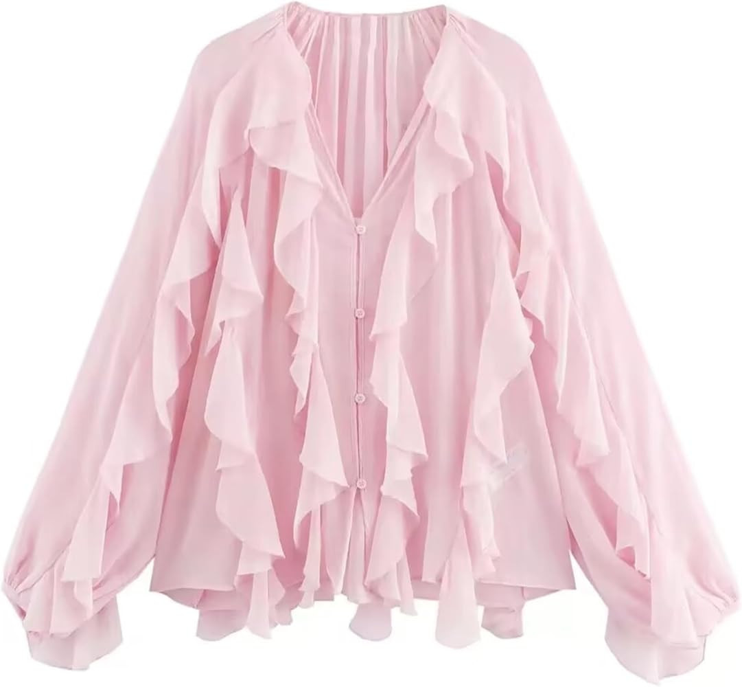 HangNiFang Ruffled Multi-Layered Summer Blouse for Women Trendy Semi See Through V-Neck Long Slee... | Amazon (US)