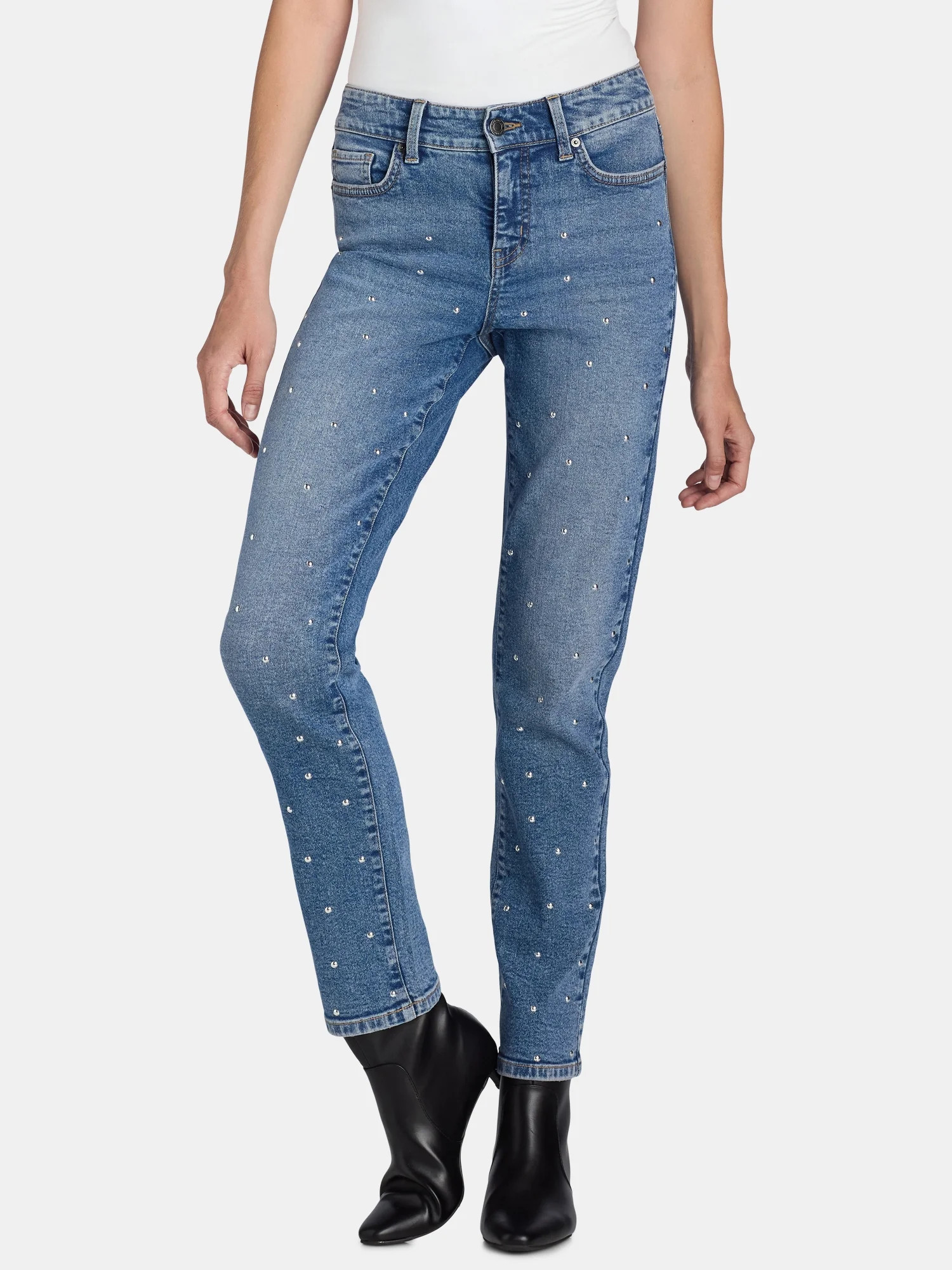 Time and Tru Women's All Over Front Studded Embellishment Straight Leg Jeans, 30” Inseam, Sizes... | Walmart (US)