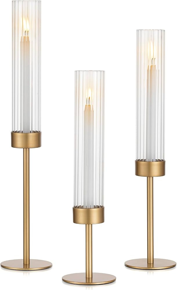 Glasseam Glass Hurricane Candle Holder: Gold Candlestick Holders Set of 3 Modern Taper Candle Hol... | Amazon (US)