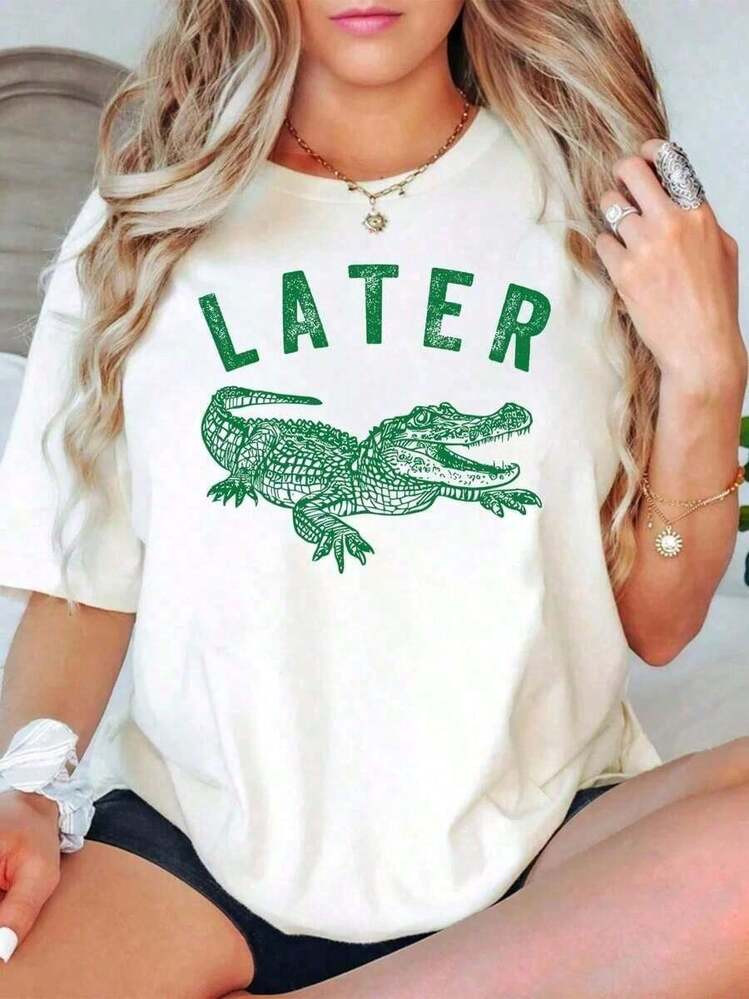 1Pcs,White Top2026,100% Cotton Later Gator Shirt, 180g Alligator Funny Offensive Crocodile Shirt, Loose Type Shirt For Women, Casual And Simple Short Sleeve Women Tops, Summer Women For Top-Unisex Everyday T-Shirts,Cotton Lnisex T-Shirts,Vintage Summer Tops For Women,Summer Shirts,Going Out Tops,Summer Outfits For Women | SHEIN