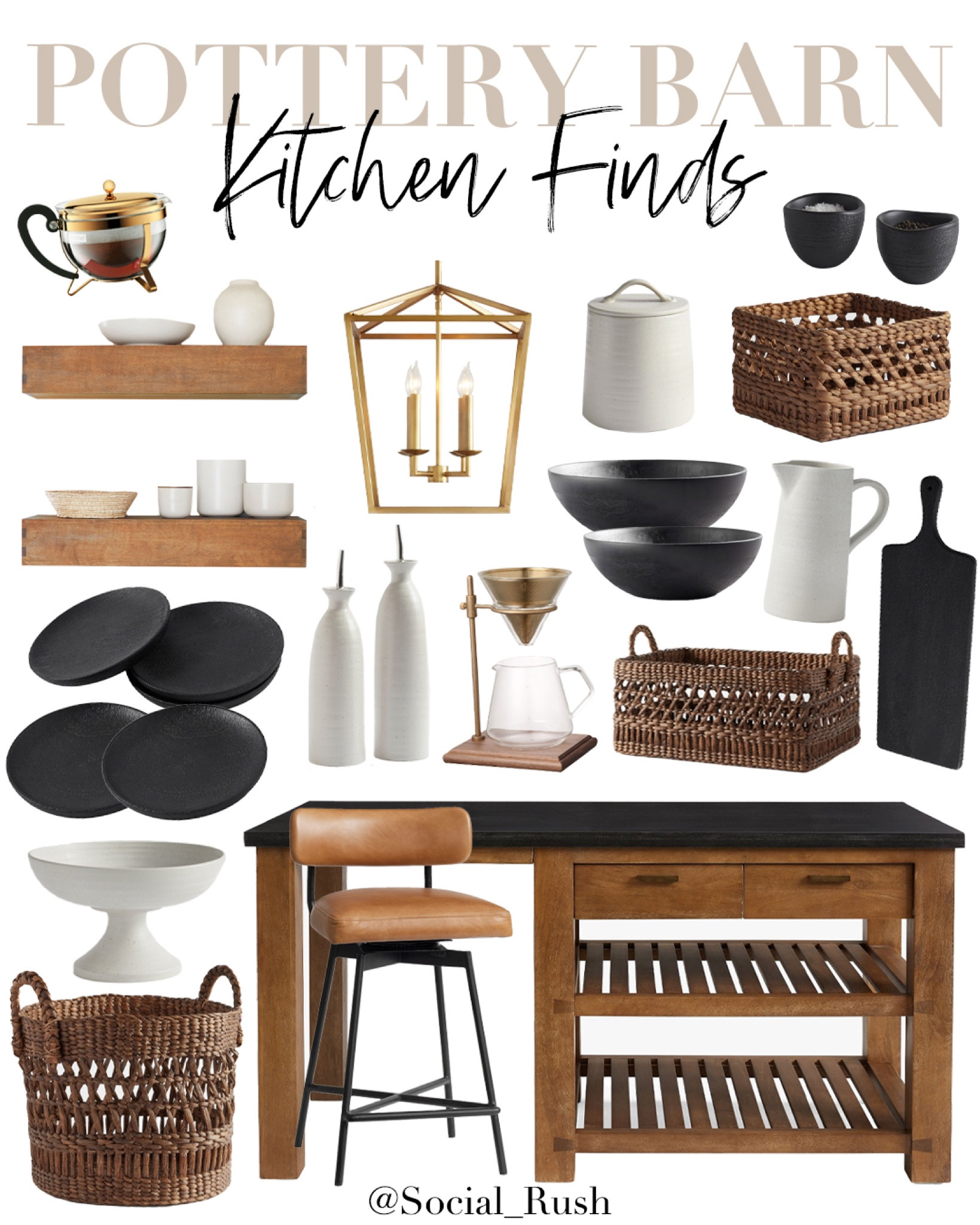 Pottery Barn Kitchen Finds, Kitchen Inspo, Bodum Chambord Teapot, Wood Dip Bowls, Handwoven Utility Basket, Handwoven Tote Basket, Handwoven Basket, Black Serveware, Black Dishes, Stoneware Kitchen Accessories, Pitcher, Floating Shelves, Stoneware Serving Bowl,  Brass Light Pendant, Leather Low Back Swivel Bar & Counter Stool, Kitchen Island #Kitchen #Home

#LTKFind #LTKSeasonal #LTKhome