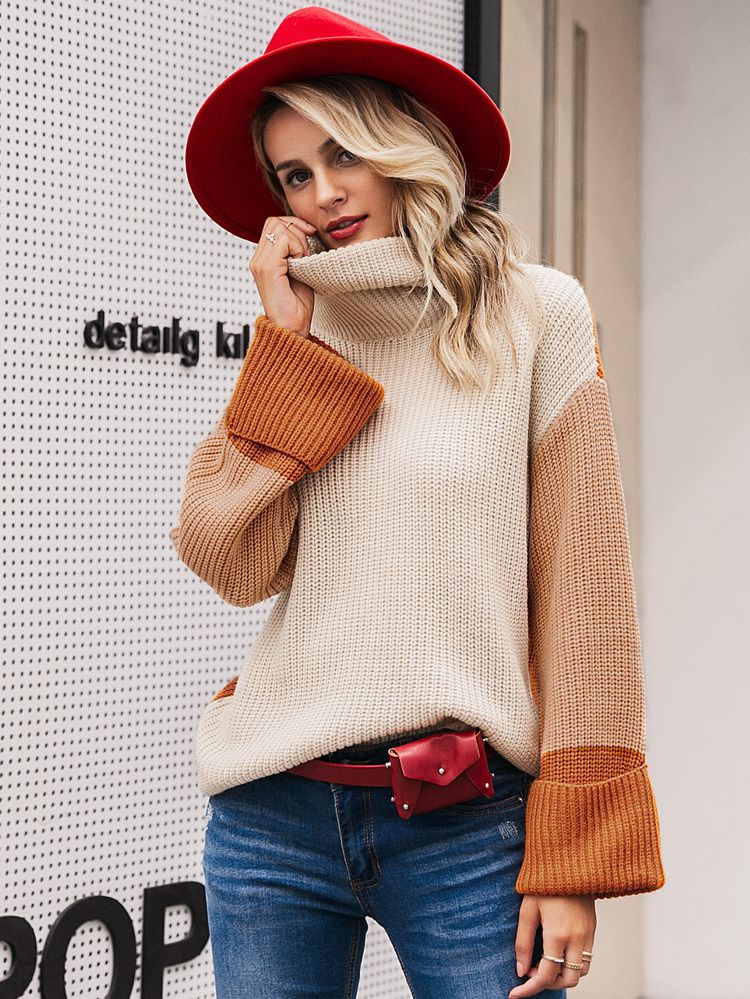 Simplee Colorblock High Neck Drop Shoulder Sweater | SHEIN