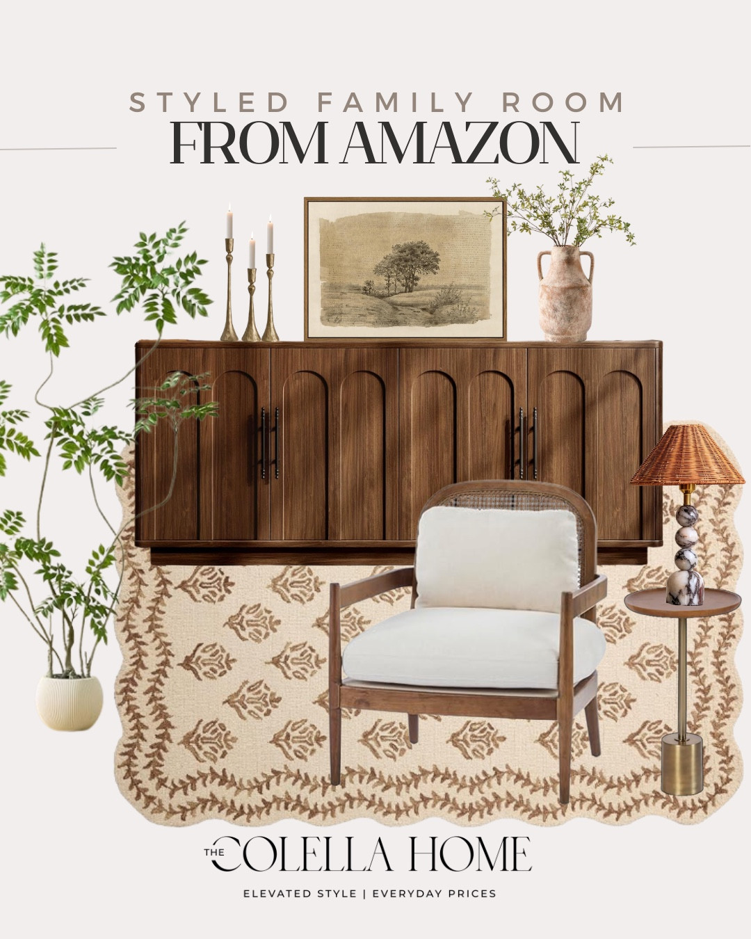 Styled family room includes accent chair, area rug, table lamp, side table, buffet, vase, greenery stems, wall art, candle stick holders, and faux tree.

Home decor, styled home, looks for less, living room

#LTKHome #LTKSaleAlert #LTKSeasonal