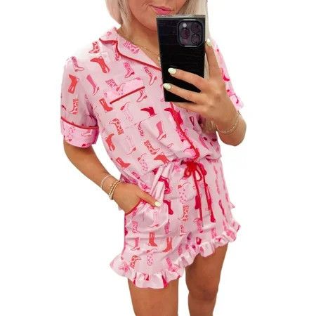Women s Pink Western Cowgirl Boots Printed Short Sleeve Pajama Set with Ruffled Shorts | [ZhiHiMeRi] | (US 12-14)L | Walmart (US)