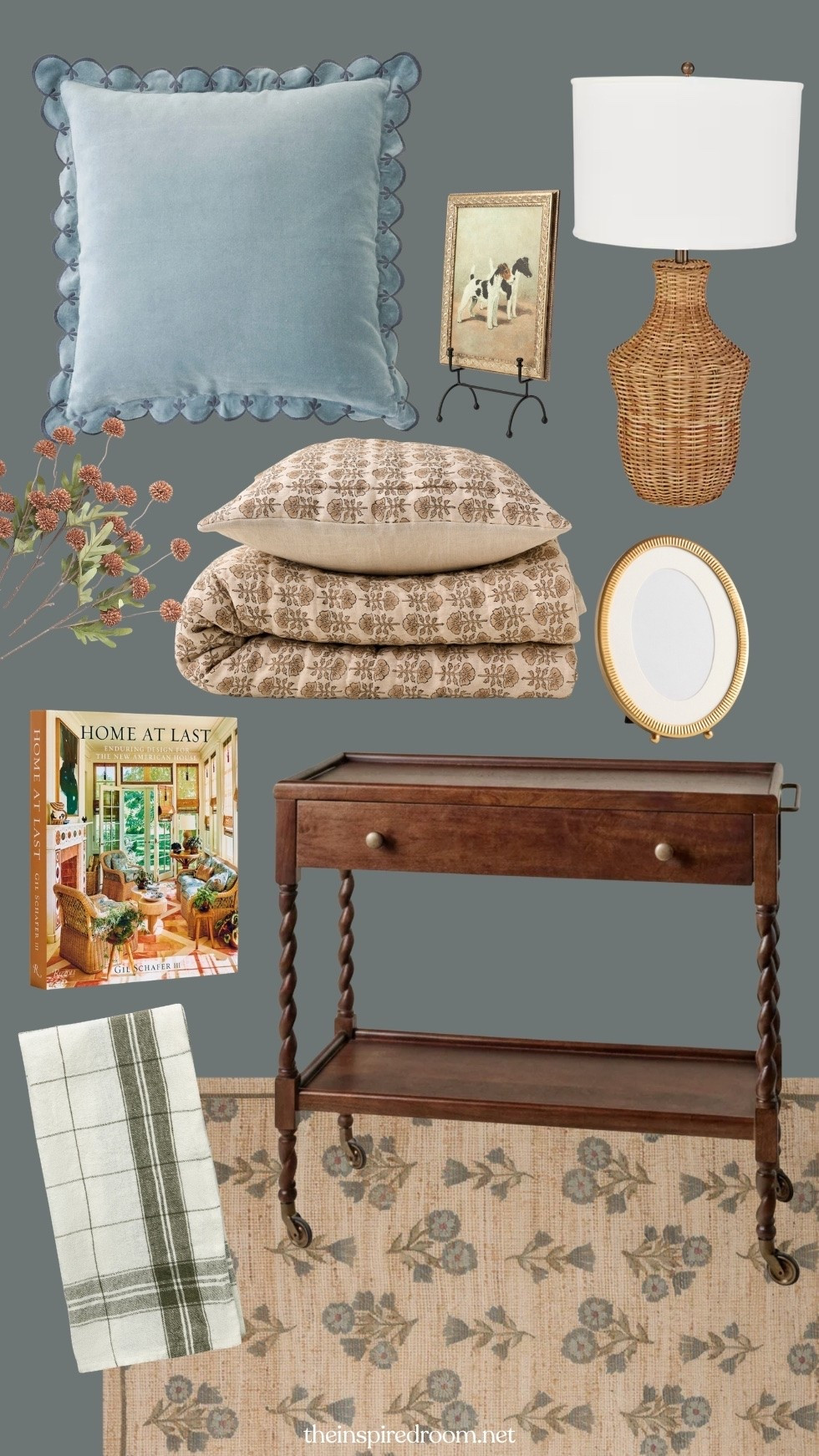 Cozy fall home mood board - Wood twisted leg bar cart, block print quilt, velvet scalloped pillows, wicker lamp, coffee table book I love, floral block print rug, easel stand for art, green plaid tea towel, oval frame, faux autumn mums (I have and love!). See more in my Cozy Fall Shop at theinspiredroom.net/shop

#LTKSaleAlert #LTKHome #LTKSeasonal
