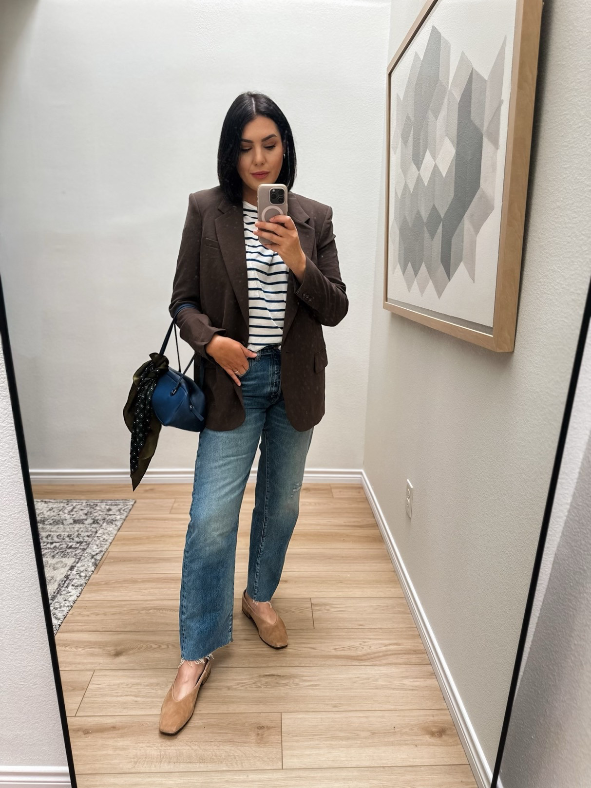 I'm in the medium of the blazer, TTS. The jeans run slightly snug, I sized up to a 30 and they're a perfect fit.  

 