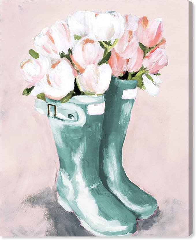 The Oliver Gal Artist Co. Fashion and Glam Wall Art Canvas Prints 'Pastel Rainboots and Flowers' ... | Amazon (US)