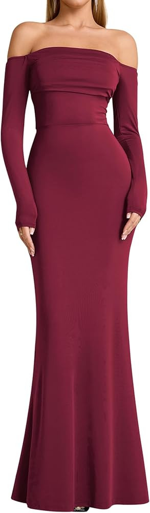 KUTUMAI Off Shoulder Tie Formal Wedding Guest Dresses for Women Fall Long Sleeve Bodycon Lace Up ... | Amazon (US)