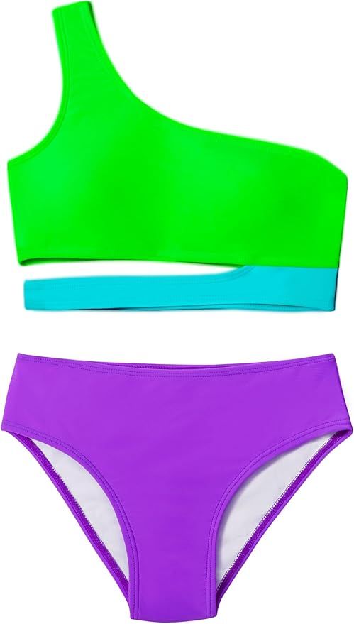Girl's Swimsuits Bikini Set One Shoulder Cutout Bikini Tops High Waist Bottom Two Piece Bathing S... | Amazon (US)