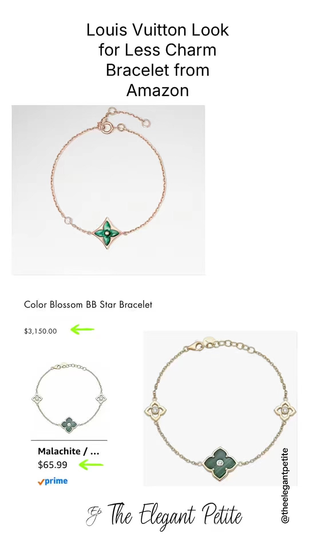 Louis Vuitton Look for Less Bracelet from Amazon 
Follow me for more inspiration. Affordable fashion items with a touch of luxury.                           The Color Blossom pieces celebrate the emblematic Monogram Flower, designed in 1896 by Georges-Louis Vuitton, son of the founder. This precious pendant features a green Star motif and accented by a brilliant round diamond on the chain. This delicate pendant is an invitation to stack, mix or match with other pieces. 

#elegantstyle #styleinspo
#designerinspired
#designeramazonfashion
#louisvuittoninspired

#LTKootd #LTKPetite